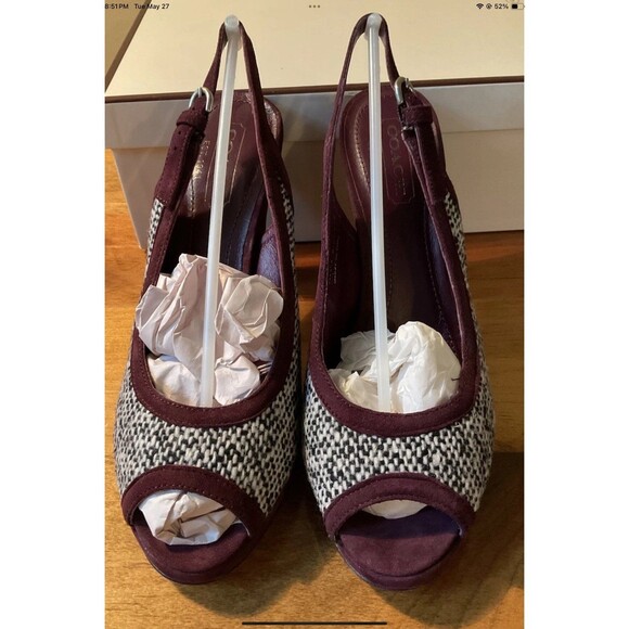Coach Womans 7.5 Lorilee Burgandy/Black/White Tweed Sling Back Pump A3145 NEW - Picture 2 of 8